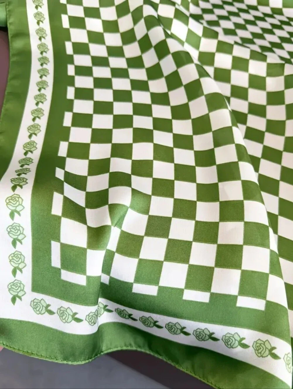 Silk-feel Green & White Check Neck Scarf - Women's Accessory